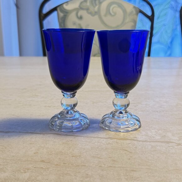 Vintage 1930s Fostoria Victorian American Lady Cobalt Blue 2 Oz Glasses Set Of 2 - Picture 3 of 6